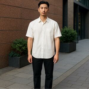 DKNY Shirt Mens Size L Ivory Stitched Linen Minimalist Summer Lightweight Casual